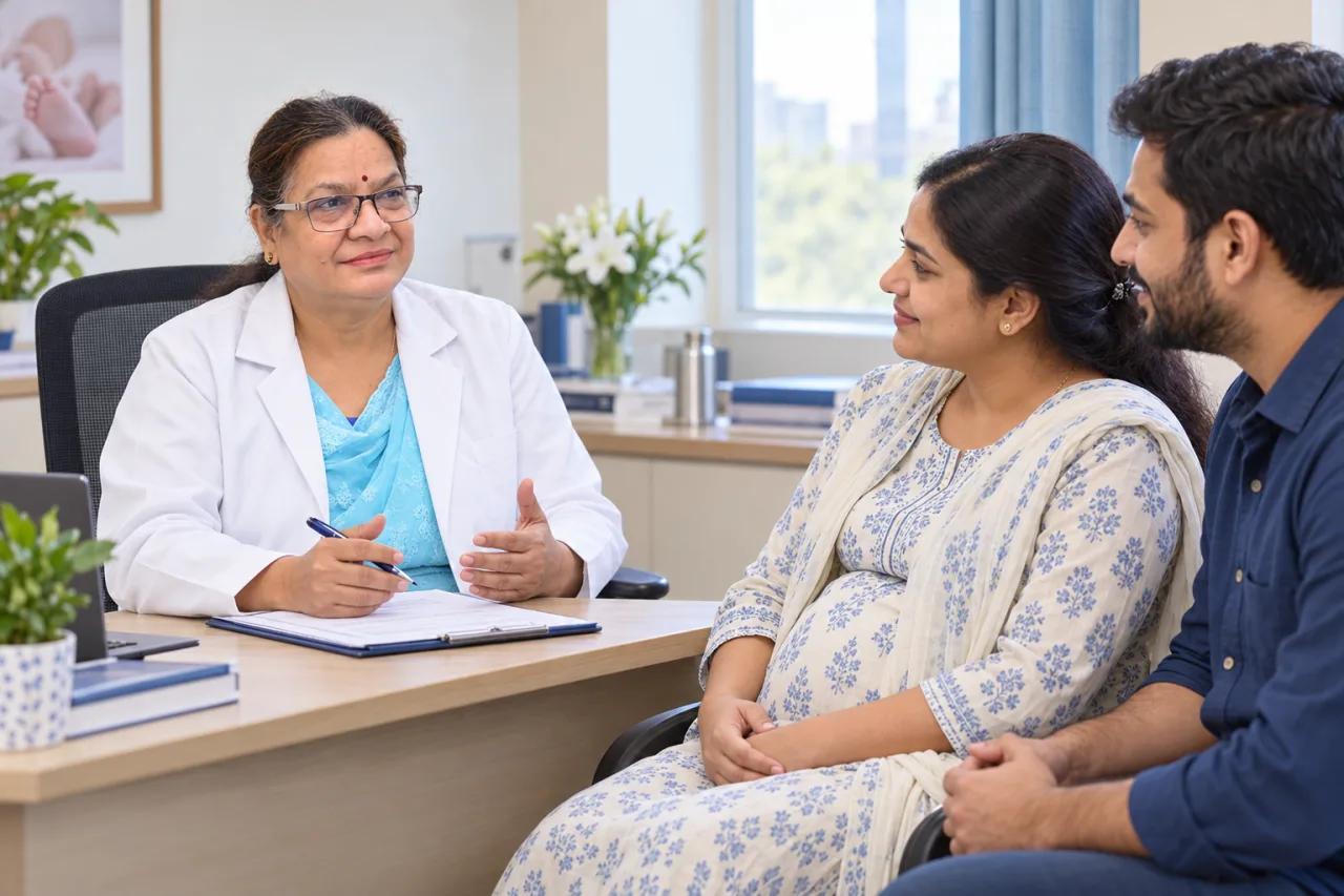 Dr. Promila Gupta speaking with an Indian pregnant woman and her partner during an antenatal consultation