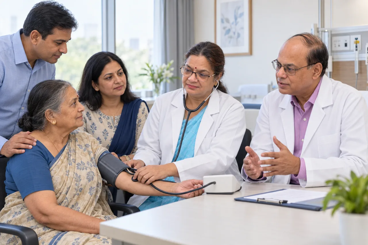 Dr. Promila Gupta and Dr. Rakesh Gupta with an Indian family during a preventive health visit