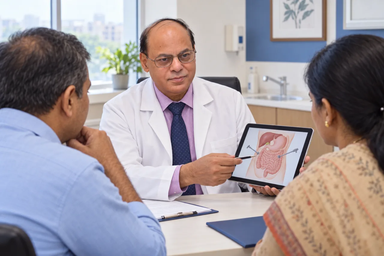 Dr. Rakesh Gupta discussing laparoscopic surgery with an Indian patient and family member
