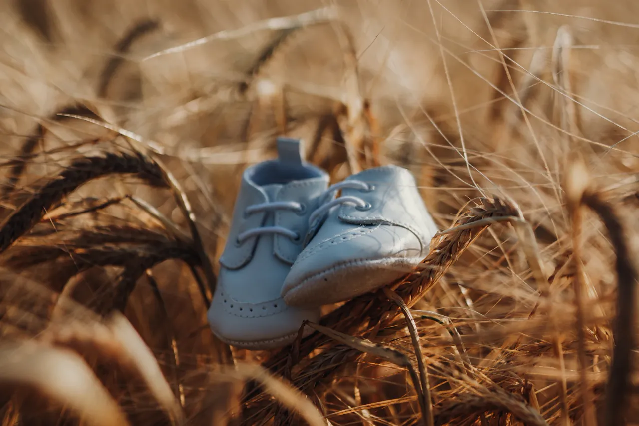 A pair of small white baby shoes in a sunlit field